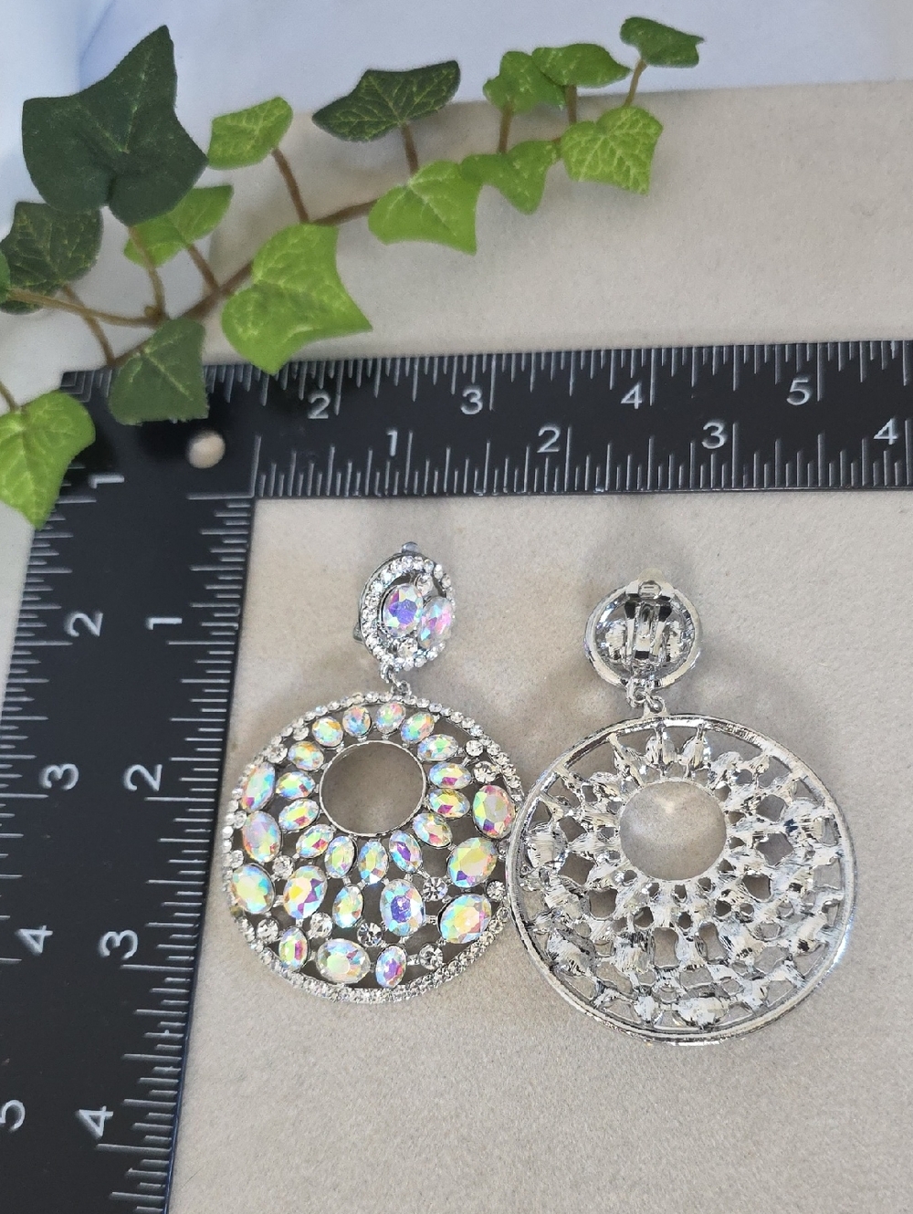 Silver AB Crystal Iridescent Rhinestone Double Circle Drop Clip On Earrings - Picture 11 of 11